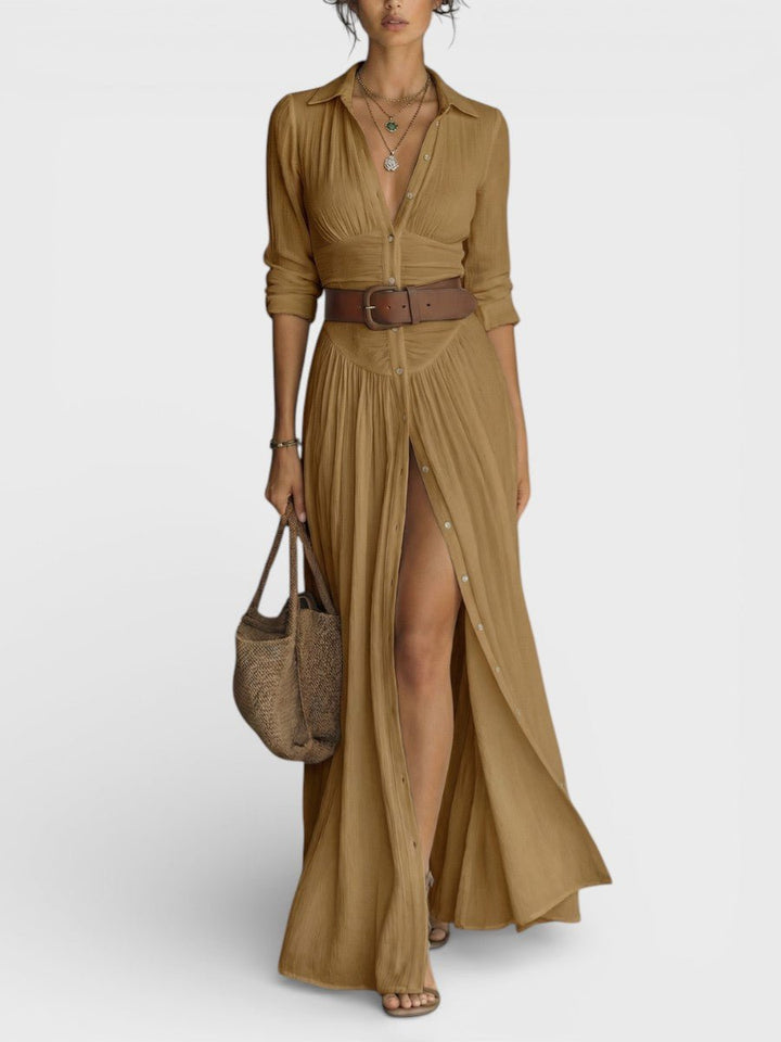 Damen Luftiges Maxikleid Hemdkleid Knopfleiste Gürtel - Image 4