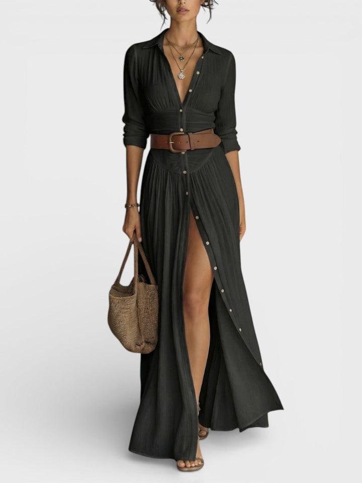Damen Luftiges Maxikleid Hemdkleid Knopfleiste Gürtel - Image 2