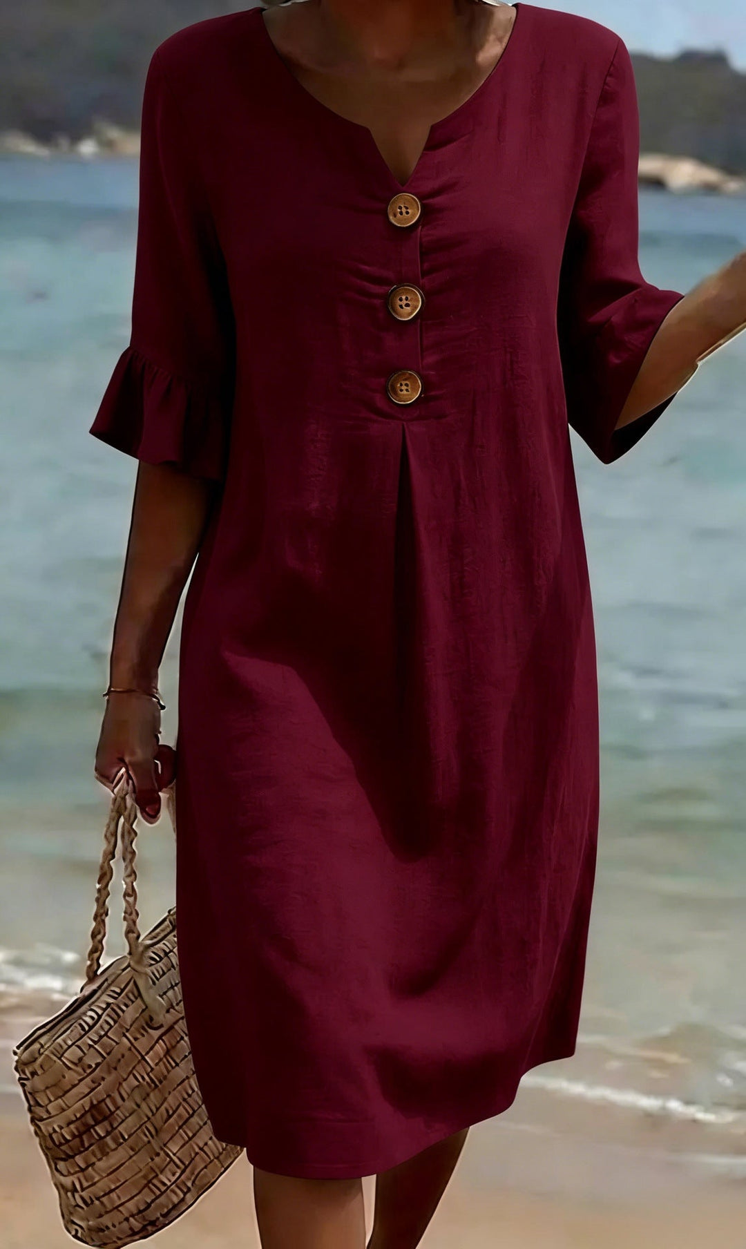 Damen Lockeres Leinenkleid Midi Kurzarm mit Knöpfen - Image 8