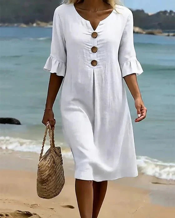 Damen Lockeres Leinenkleid Midi Kurzarm mit Knöpfen - Image 9