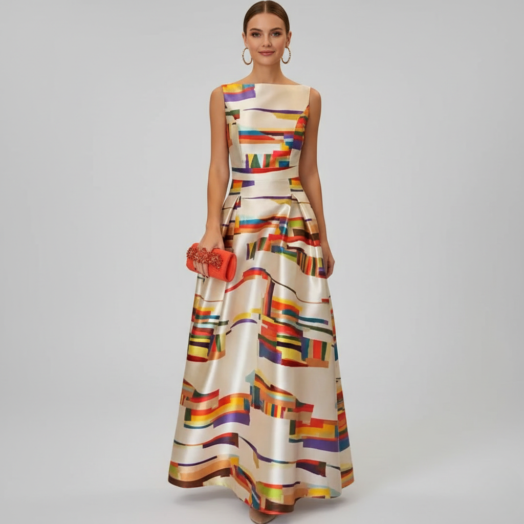 Donnara - Geometrisches Maxi Kleid Mit U Boot Ausschnitt