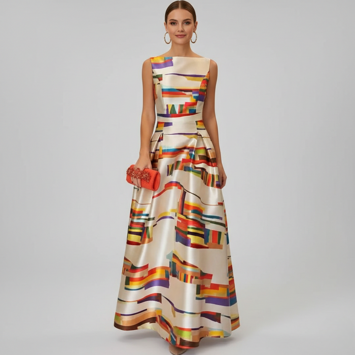 Donnara - Geometrisches Maxi Kleid Mit U Boot Ausschnitt