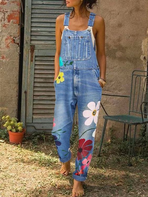 Women Floral Denim Overall Dress Sleeveless Pinafore Retro - Image 3