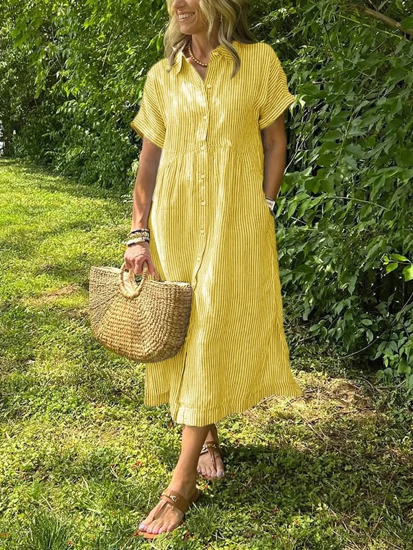 Women Striped Button Front Midi Shirt Dress Short Sleeve - Image 8