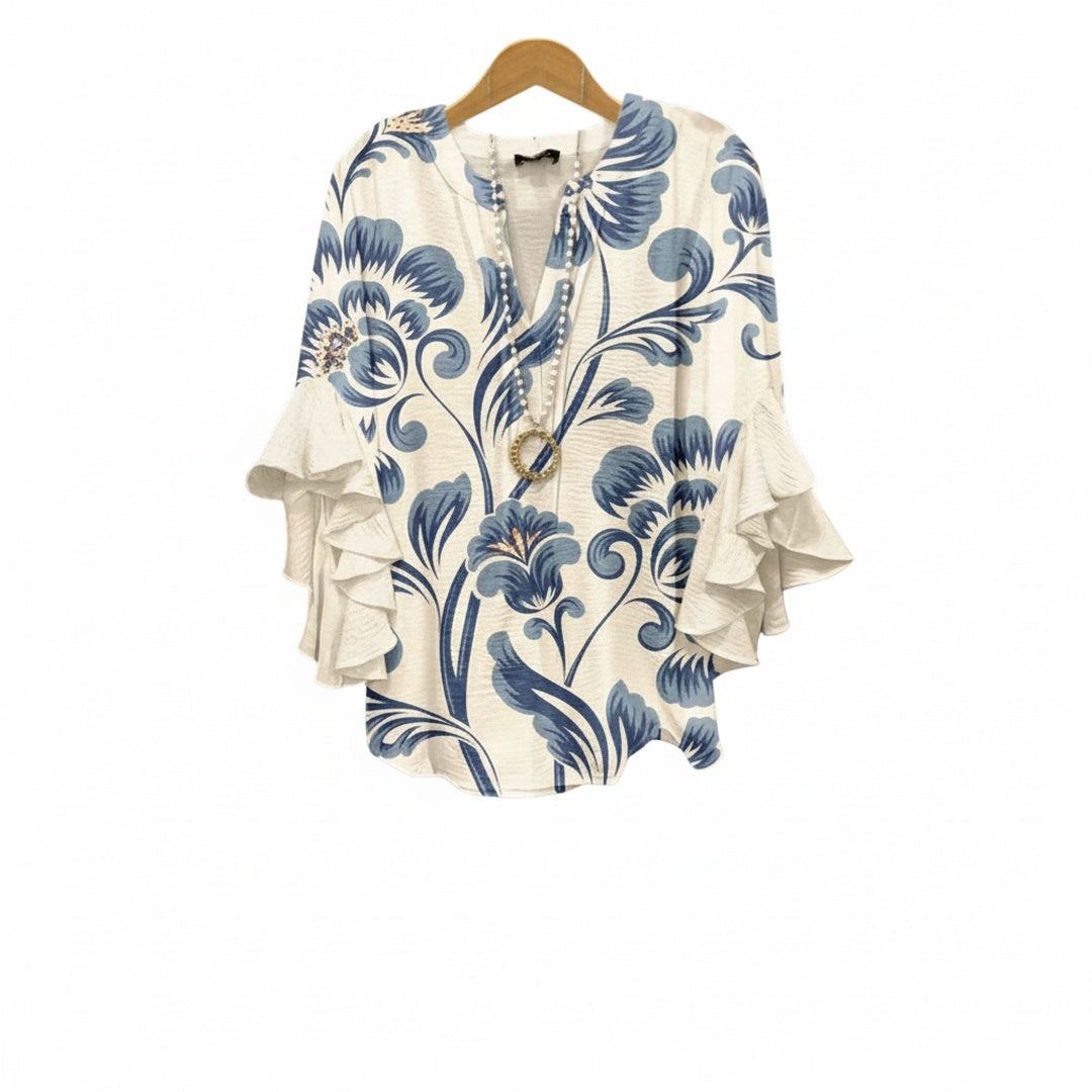 Women's V-Neck Ruffle Sleeve Blouse 3/4 Sleeve Oversized