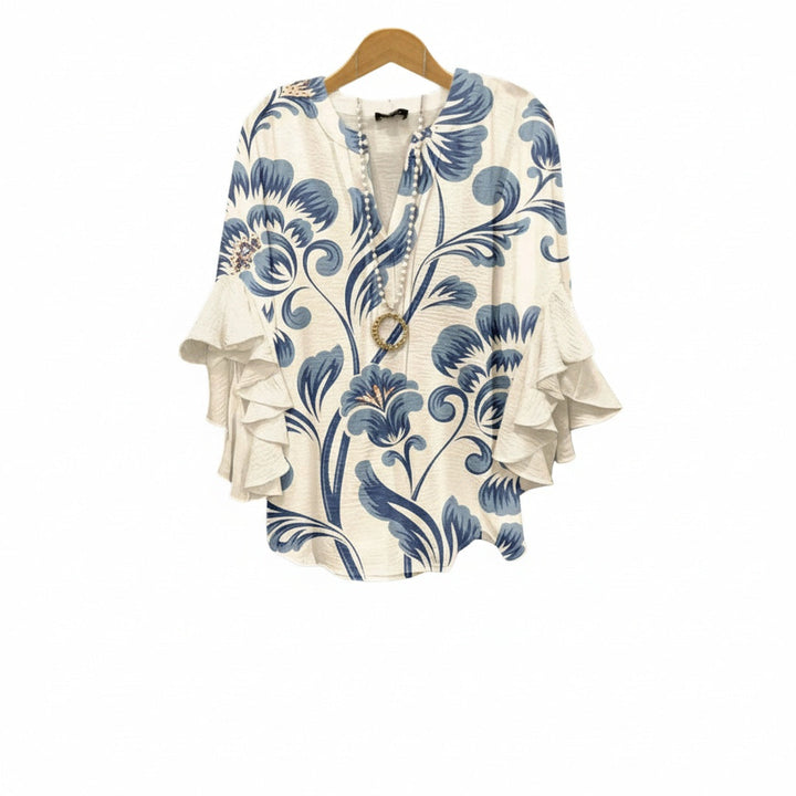 Women's V-Neck Ruffle Sleeve Blouse 3/4 Sleeve Oversized