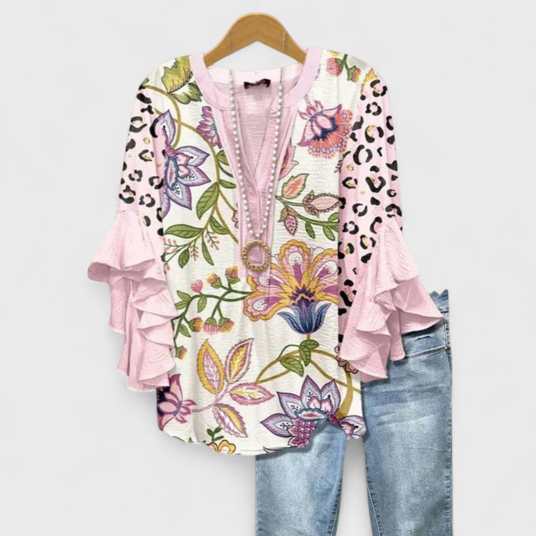Women's V-Neck Ruffle Sleeve Blouse 3/4 Sleeve Oversized - Image 10