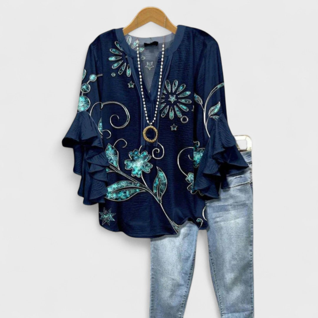 Women's V-Neck Ruffle Sleeve Blouse 3/4 Sleeve Oversized - Image 11