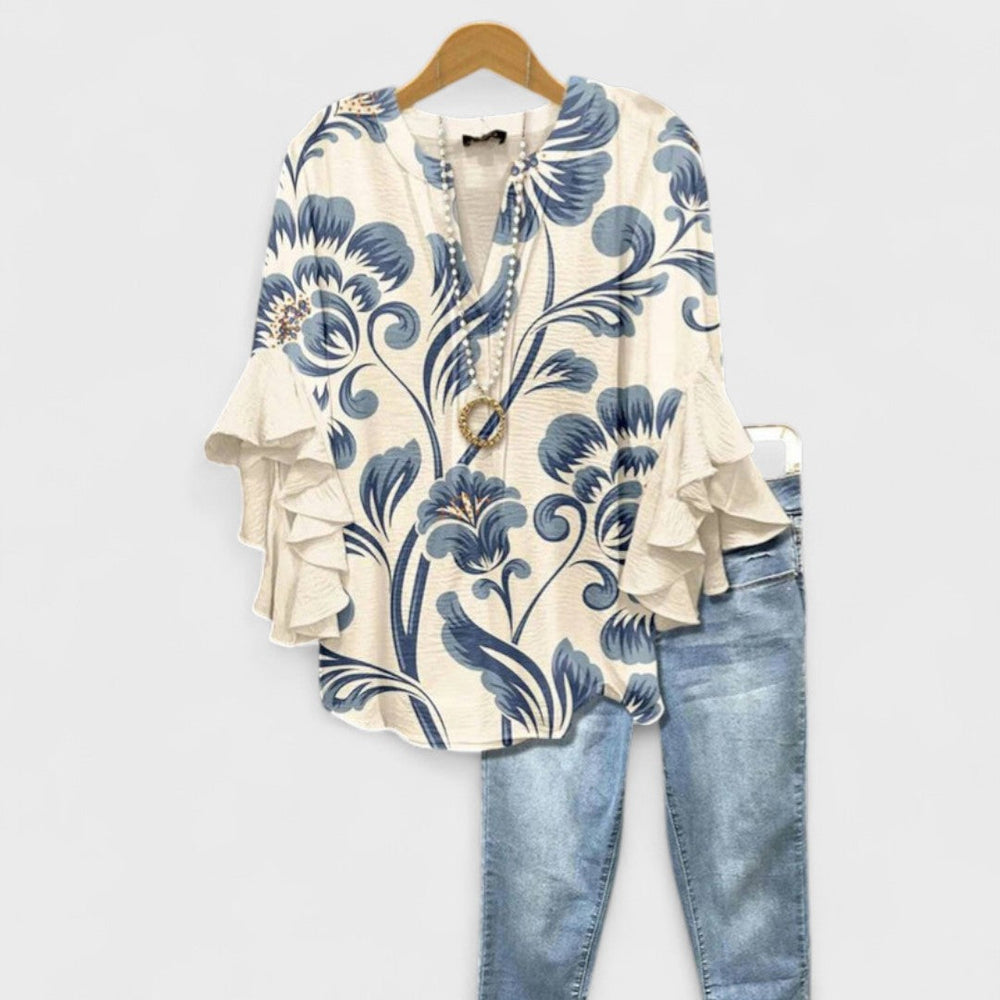 Women's V-Neck Ruffle Sleeve Blouse 3/4 Sleeve Oversized - Image 2
