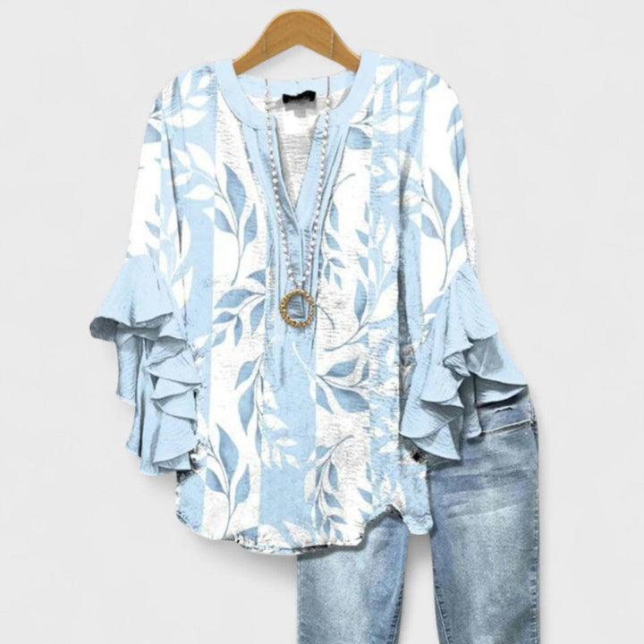 Women's V-Neck Ruffle Sleeve Blouse 3/4 Sleeve Oversized - Image 3