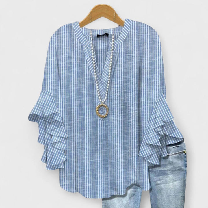 Women's V-Neck Ruffle Sleeve Blouse 3/4 Sleeve Oversized - Image 4
