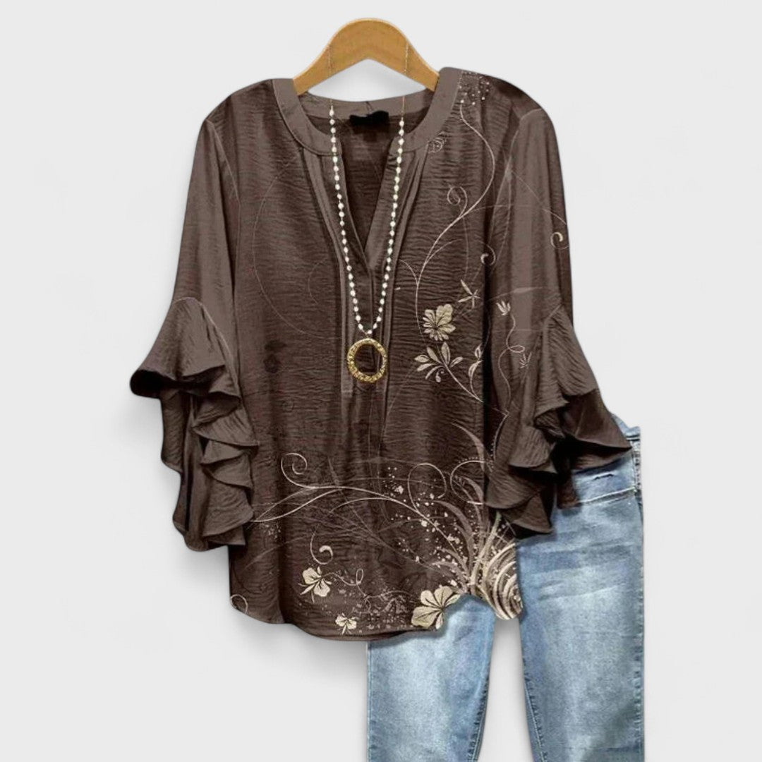 Women's V-Neck Ruffle Sleeve Blouse 3/4 Sleeve Oversized - Image 5