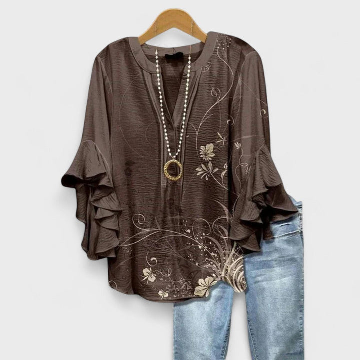 Women's V-Neck Ruffle Sleeve Blouse 3/4 Sleeve Oversized - Image 5
