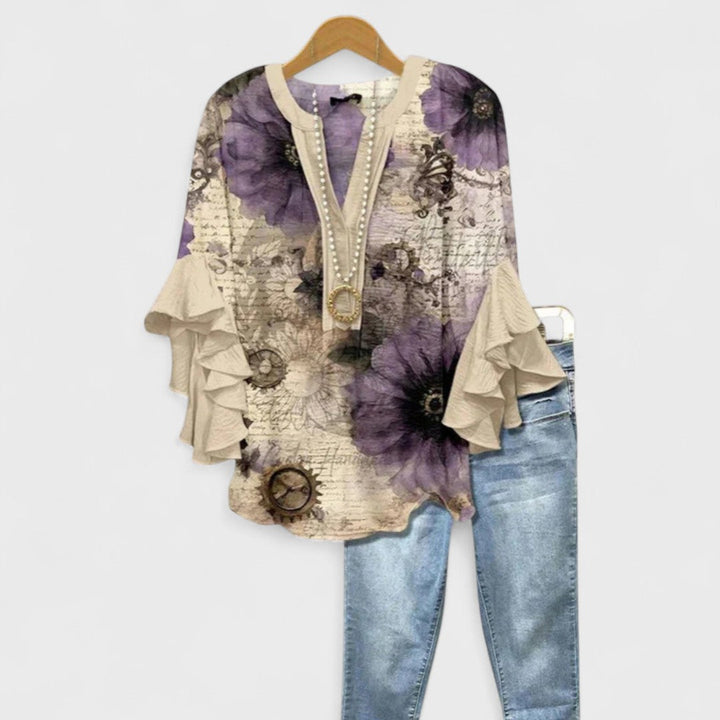 Women's V-Neck Ruffle Sleeve Blouse 3/4 Sleeve Oversized - Image 7