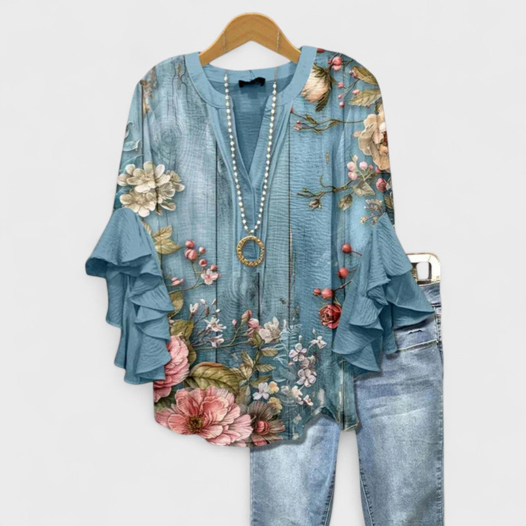 Women's V-Neck Ruffle Sleeve Blouse 3/4 Sleeve Oversized - Image 8