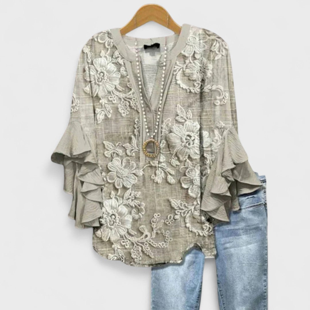 Women's V-Neck Ruffle Sleeve Blouse 3/4 Sleeve Oversized - Image 9