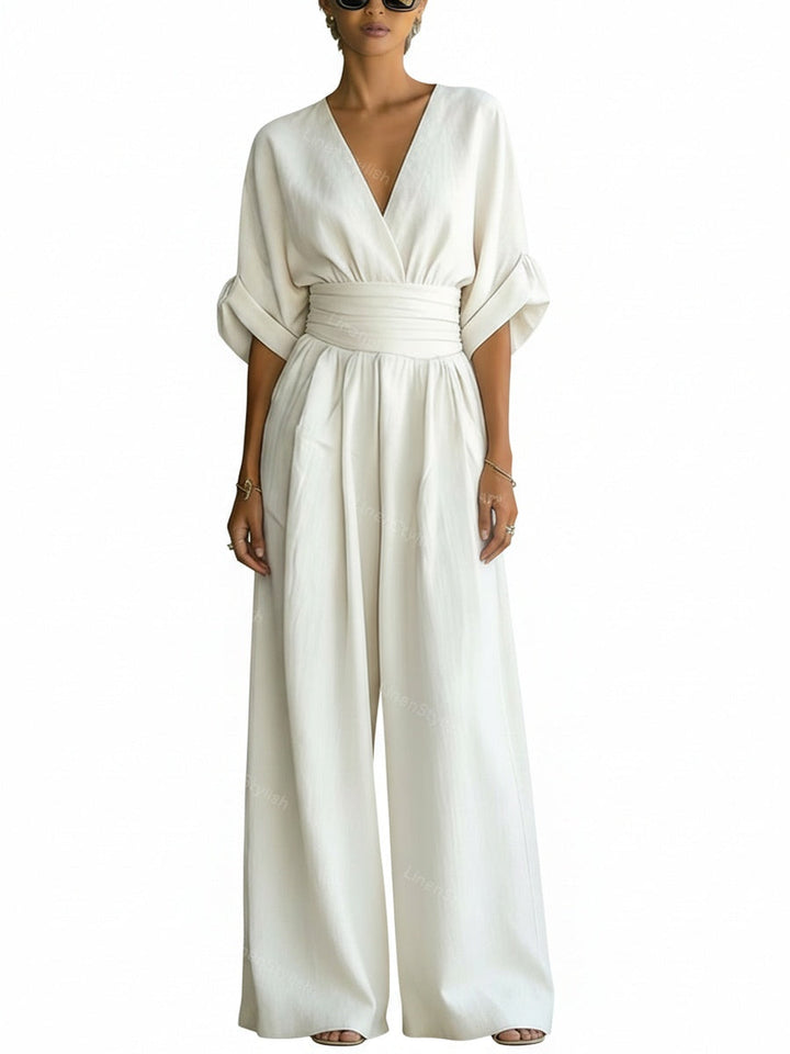 Women Wide Leg Deep V-Neck Belted Formal Jumpsuit