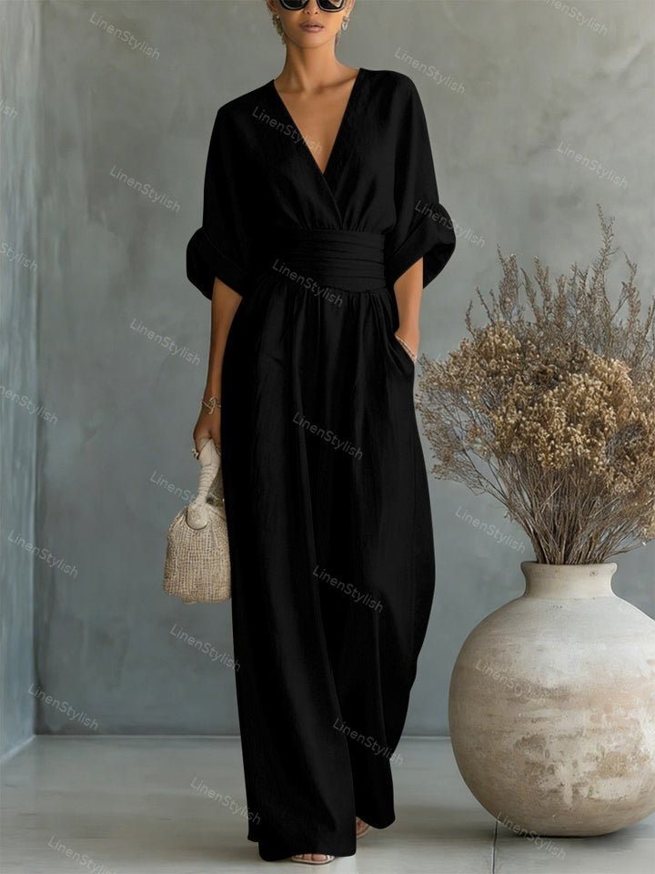 Women Wide Leg Deep V-Neck Belted Formal Jumpsuit - Image 10
