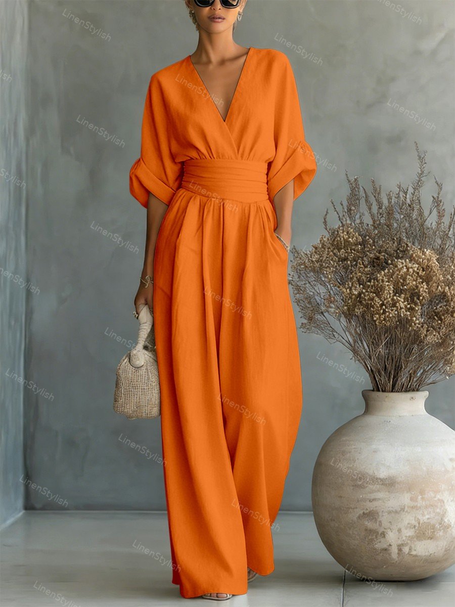 Women Wide Leg Deep V-Neck Belted Formal Jumpsuit - Image 11