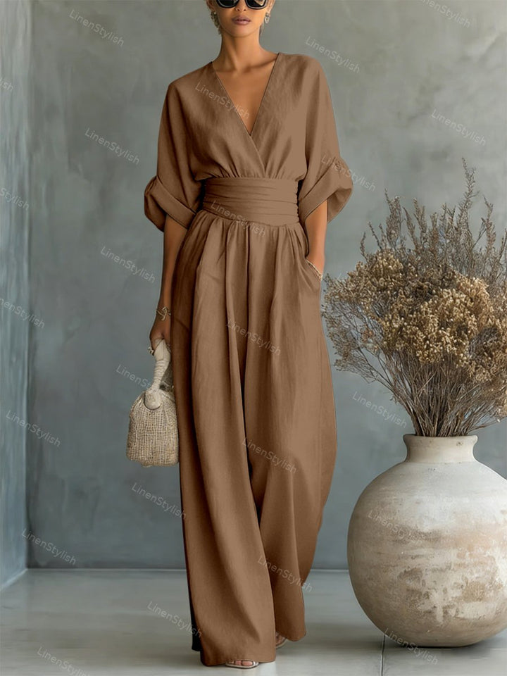 Women Wide Leg Deep V-Neck Belted Formal Jumpsuit - Image 12