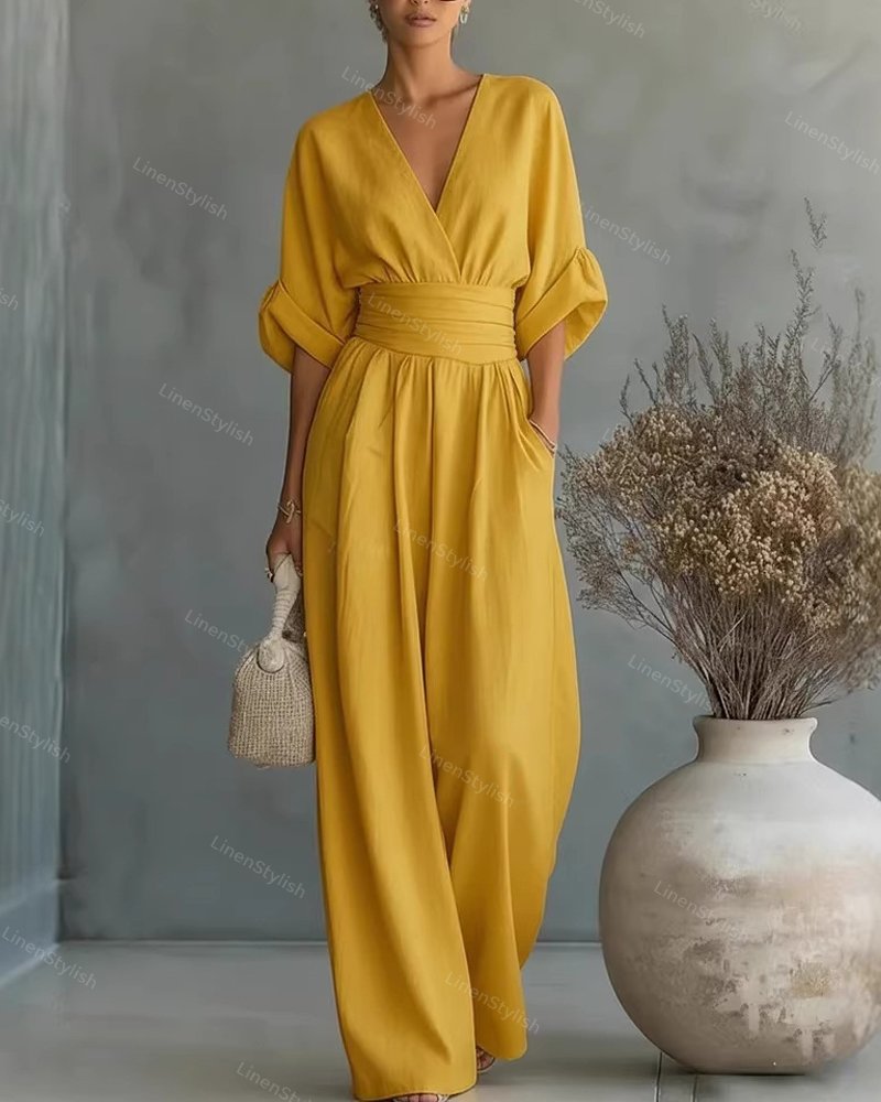 Women Wide Leg Deep V-Neck Belted Formal Jumpsuit - Image 13