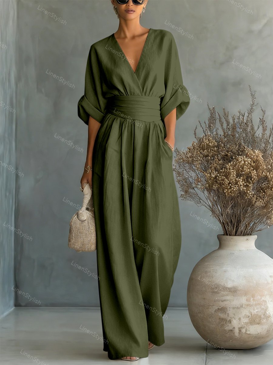 Women Wide Leg Deep V-Neck Belted Formal Jumpsuit - Image 14
