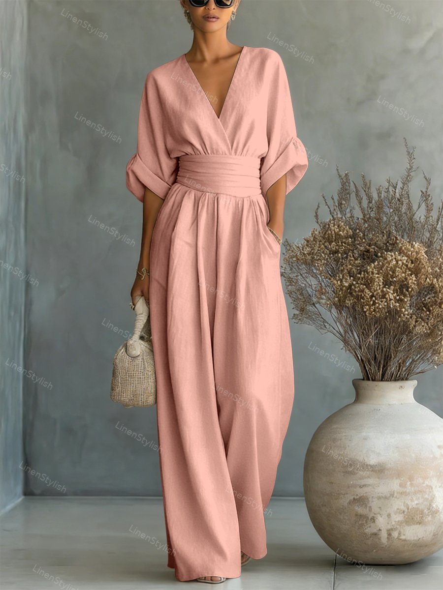 Women Wide Leg Deep V-Neck Belted Formal Jumpsuit - Image 15