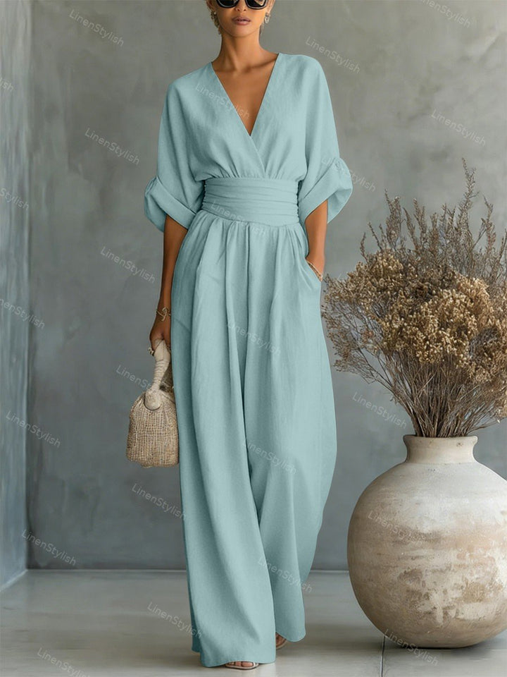 Women Wide Leg Deep V-Neck Belted Formal Jumpsuit - Image 16