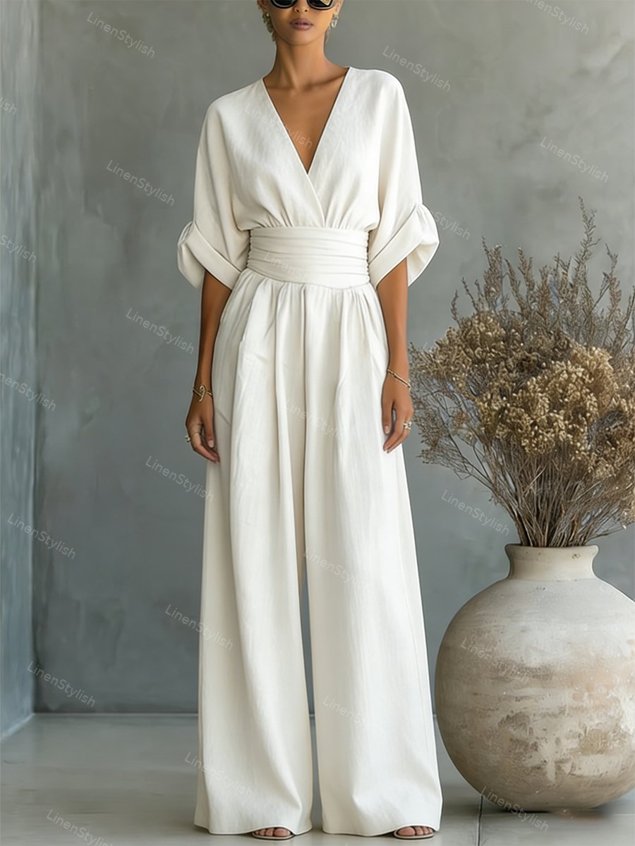 Women Wide Leg Deep V-Neck Belted Formal Jumpsuit - Image 2