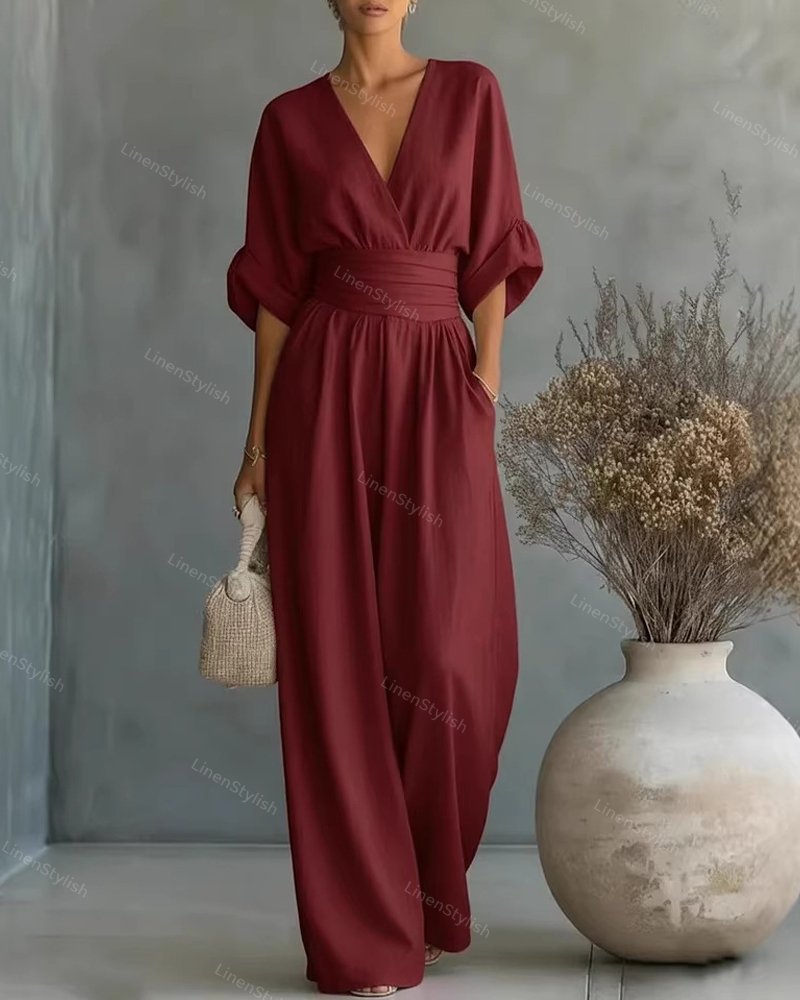 Women Wide Leg Deep V-Neck Belted Formal Jumpsuit - Image 3