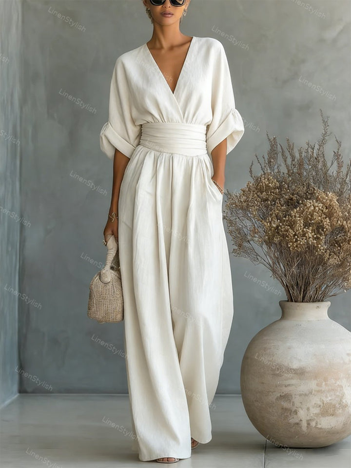 Women Wide Leg Deep V-Neck Belted Formal Jumpsuit - Image 4