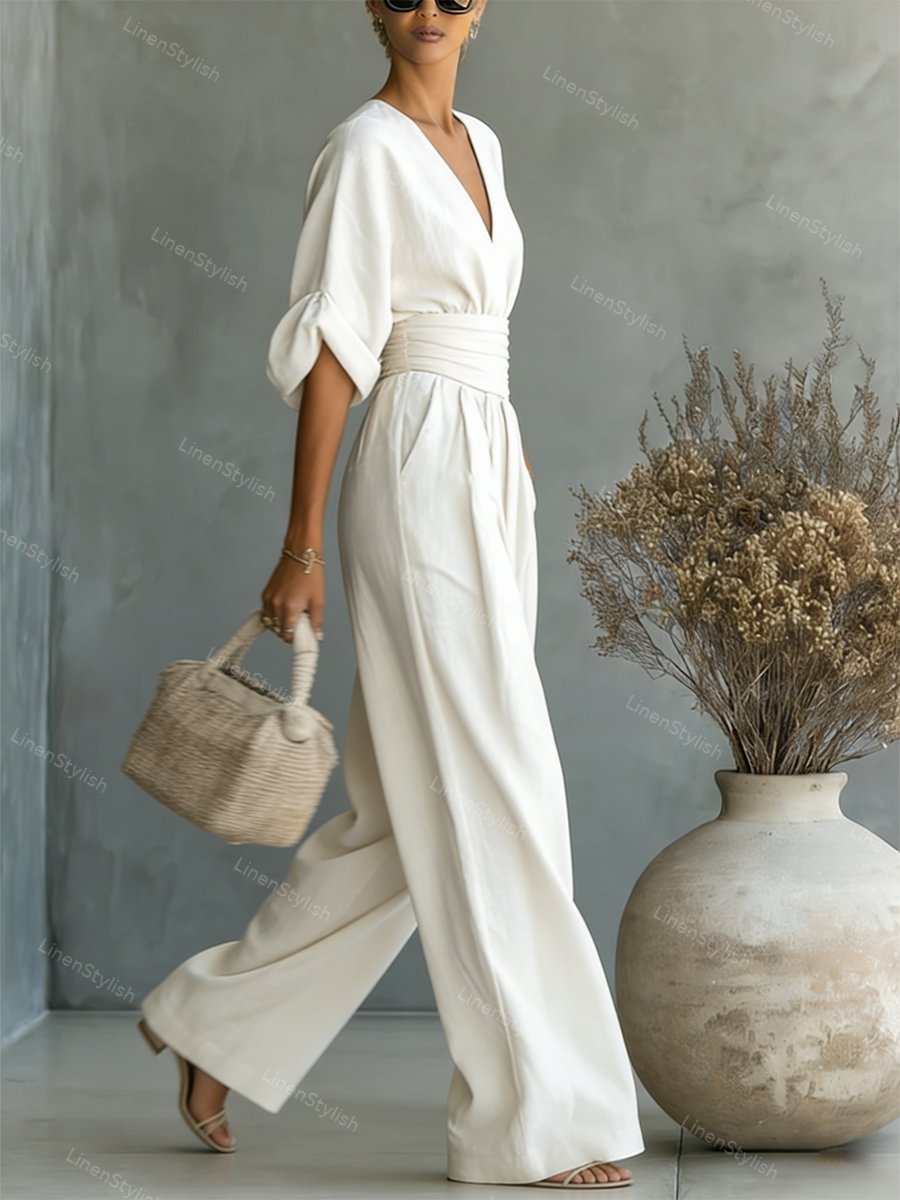 Women Wide Leg Deep V-Neck Belted Formal Jumpsuit - Image 5