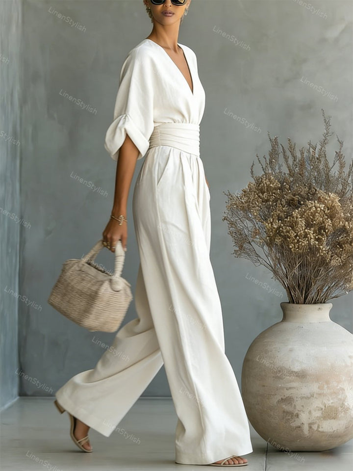 Women Wide Leg Deep V-Neck Belted Formal Jumpsuit - Image 5