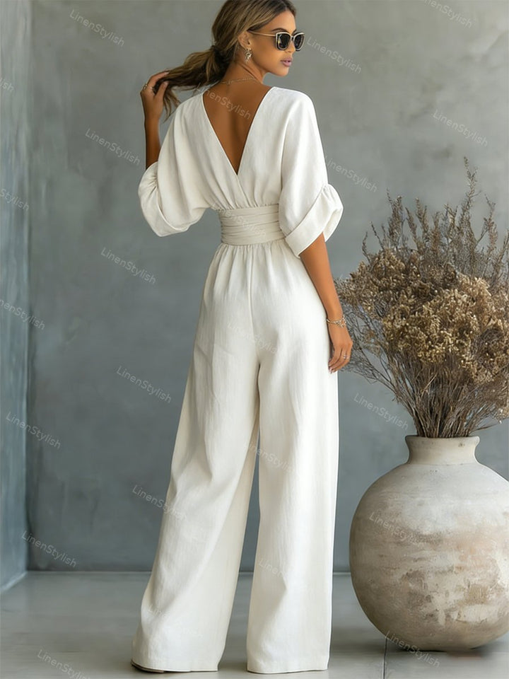 Women Wide Leg Deep V-Neck Belted Formal Jumpsuit - Image 6