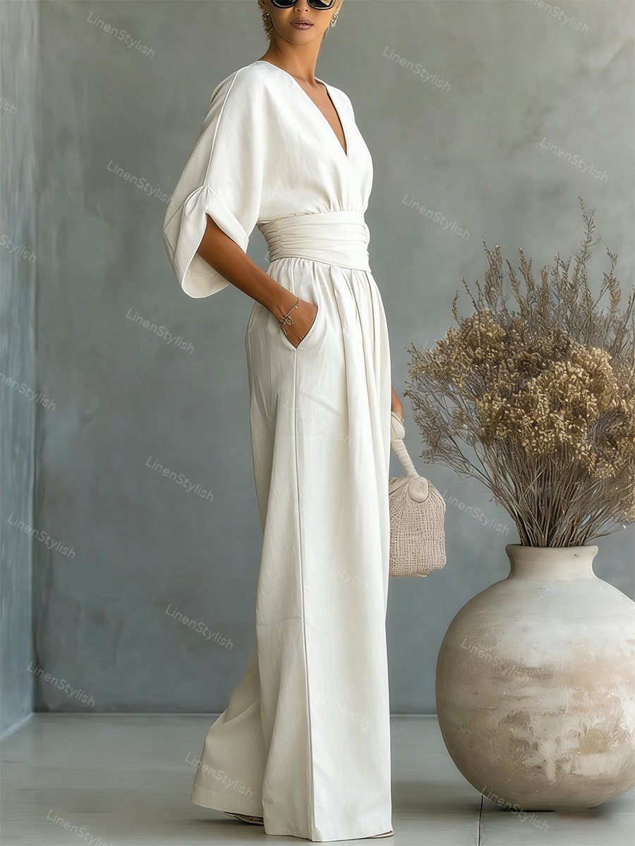 Women Wide Leg Deep V-Neck Belted Formal Jumpsuit - Image 7