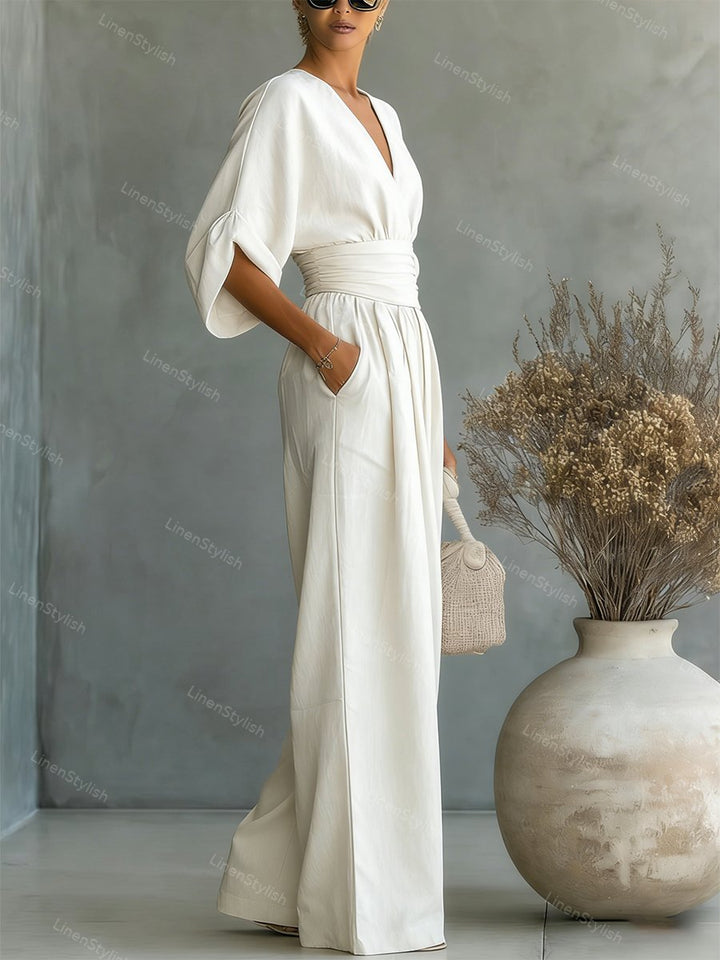 Women Wide Leg Deep V-Neck Belted Formal Jumpsuit - Image 7