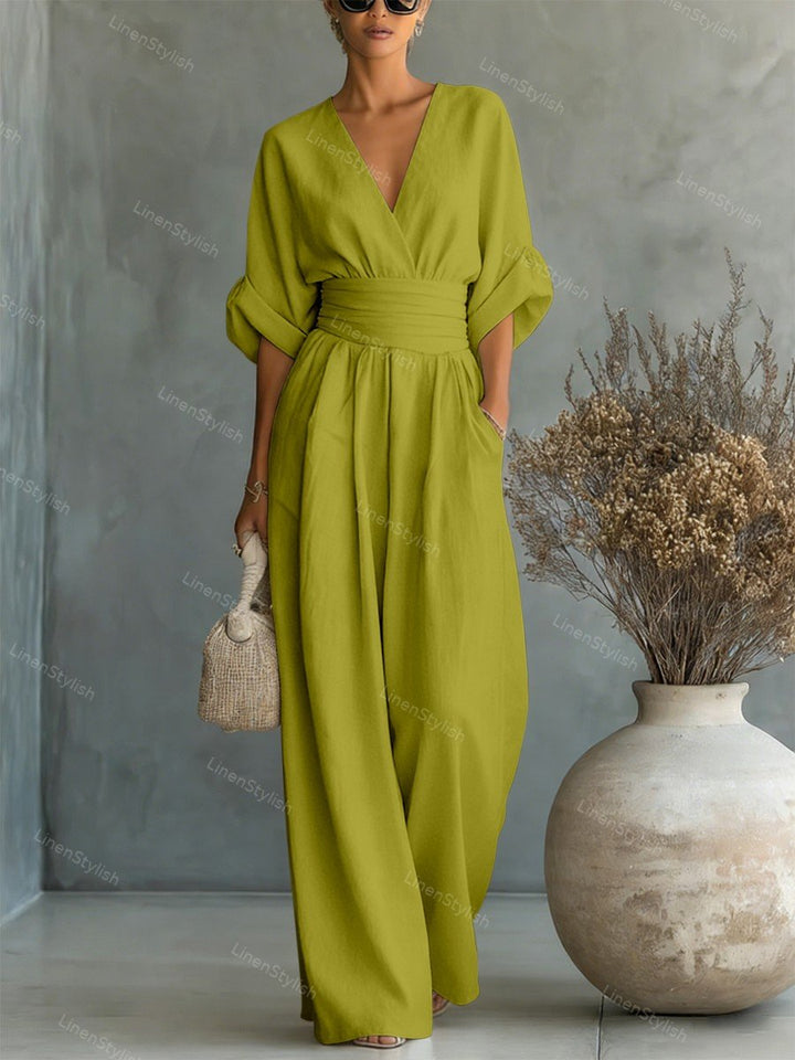 Women Wide Leg Deep V-Neck Belted Formal Jumpsuit - Image 8