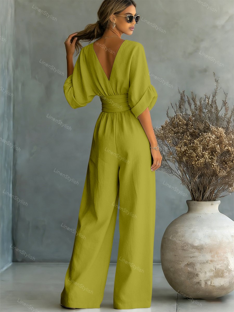 Women Wide Leg Deep V-Neck Belted Formal Jumpsuit - Image 9