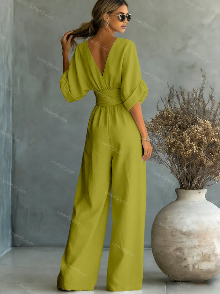 Women Wide Leg Deep V-Neck Belted Formal Jumpsuit - Image 9