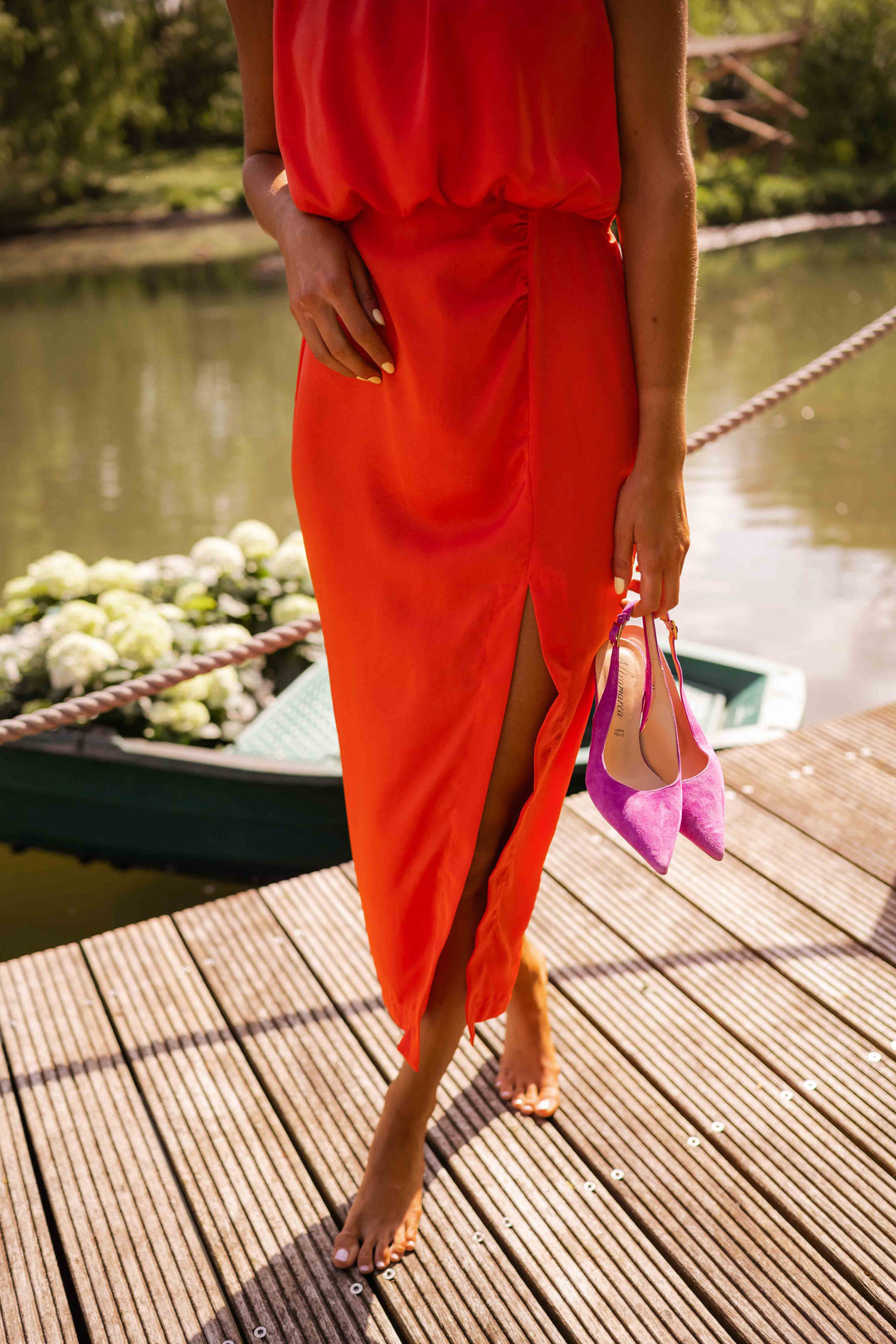 Women Halter Midi Dress Sleeveless Side Slit Flowy - Image 4