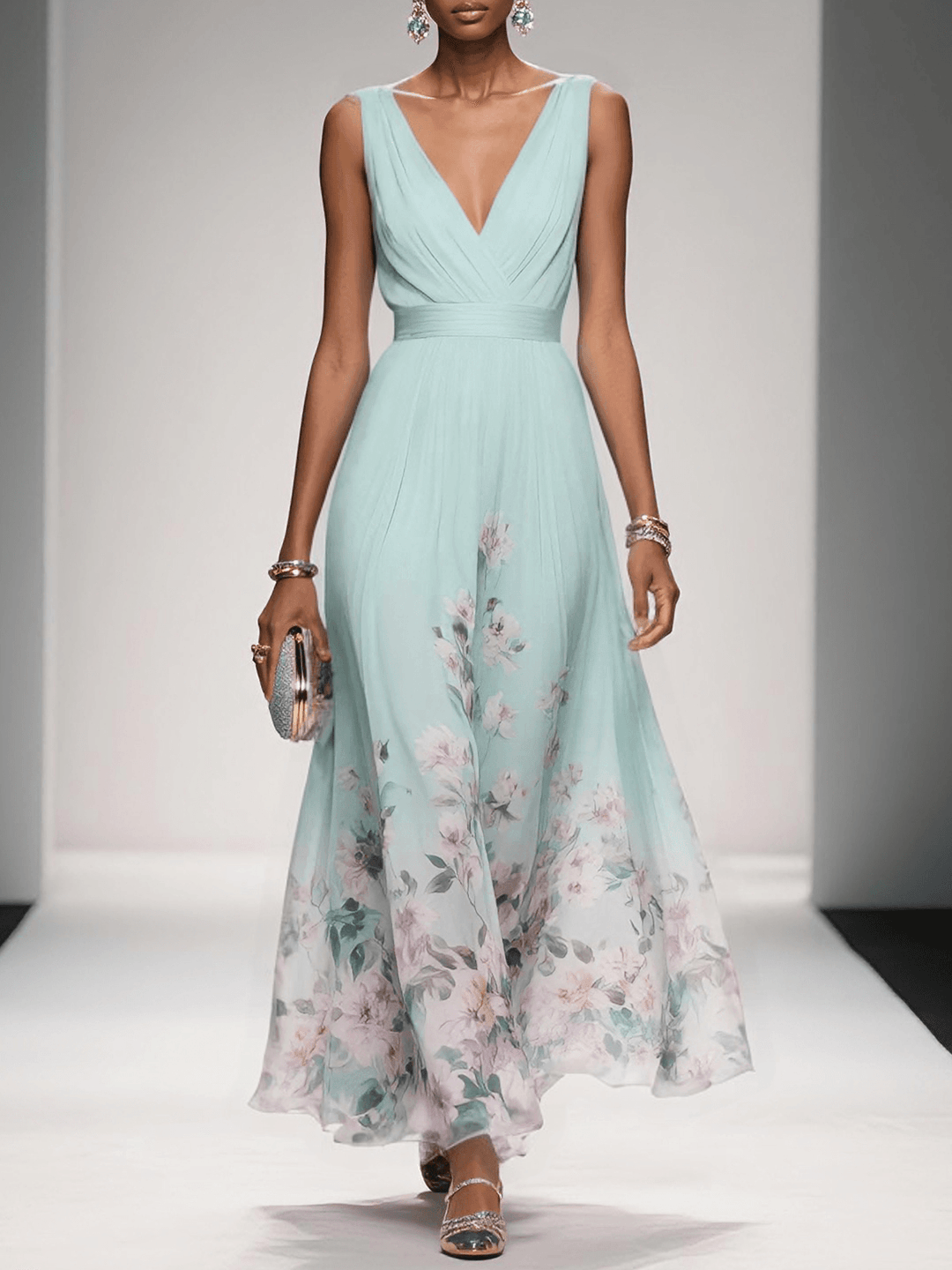 Women Floral Maxi Wedding Guest Dress Deep V Neck - Image 4