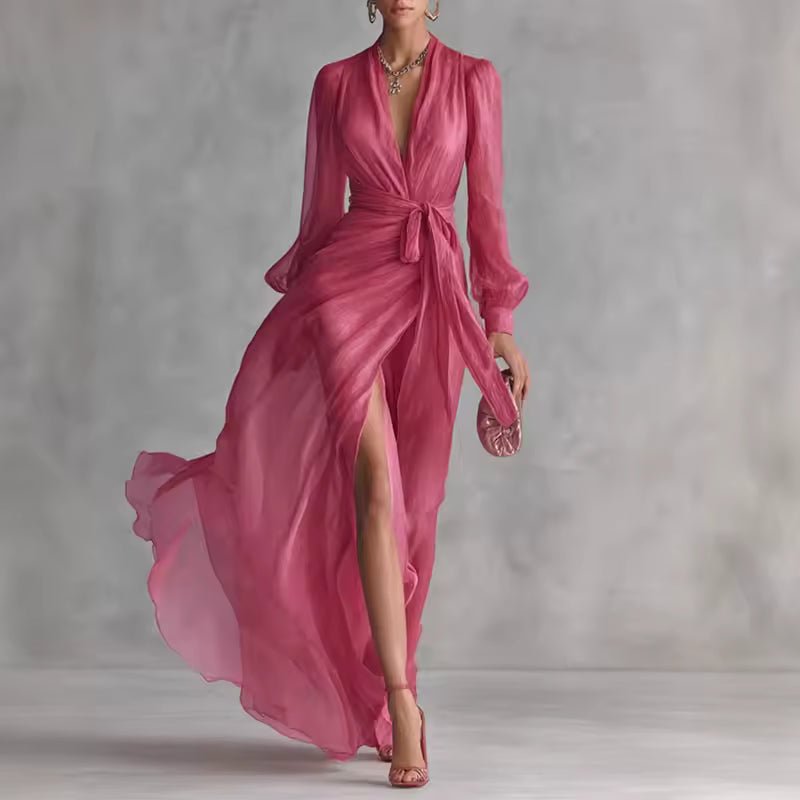 Damen Chiffon Maxikleid Elegant mit Gürtel