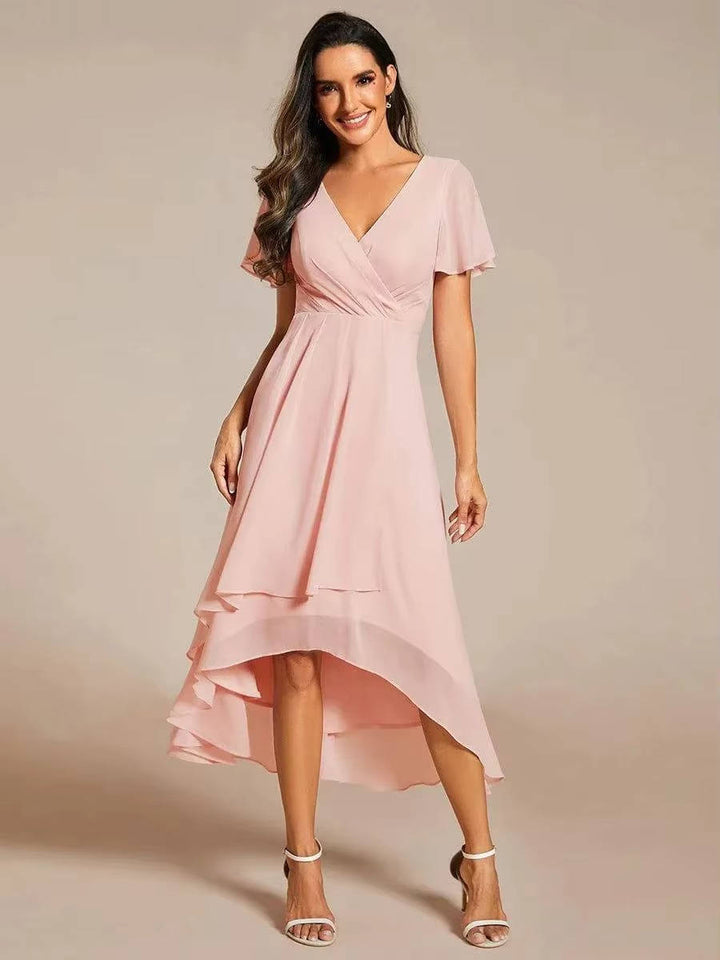 Damen Sommer Midikleid Hochzeitsgast Wickeloptik V-Ausschnitt