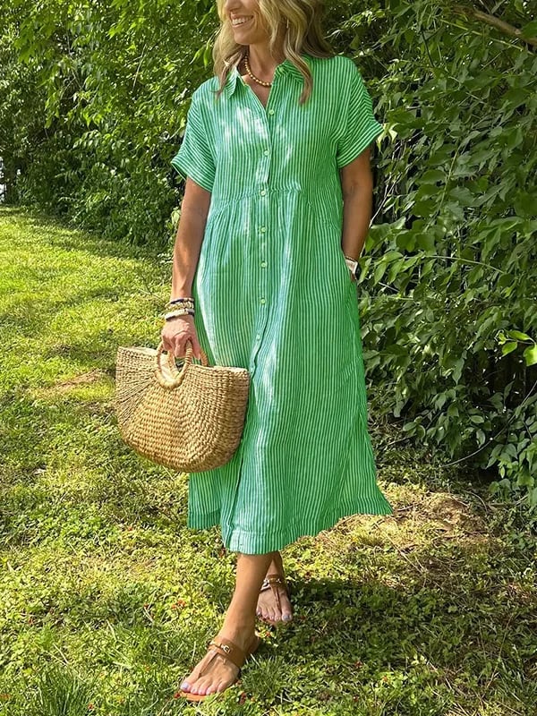 Women Striped Button Front Midi Shirt Dress Short Sleeve - Image 5