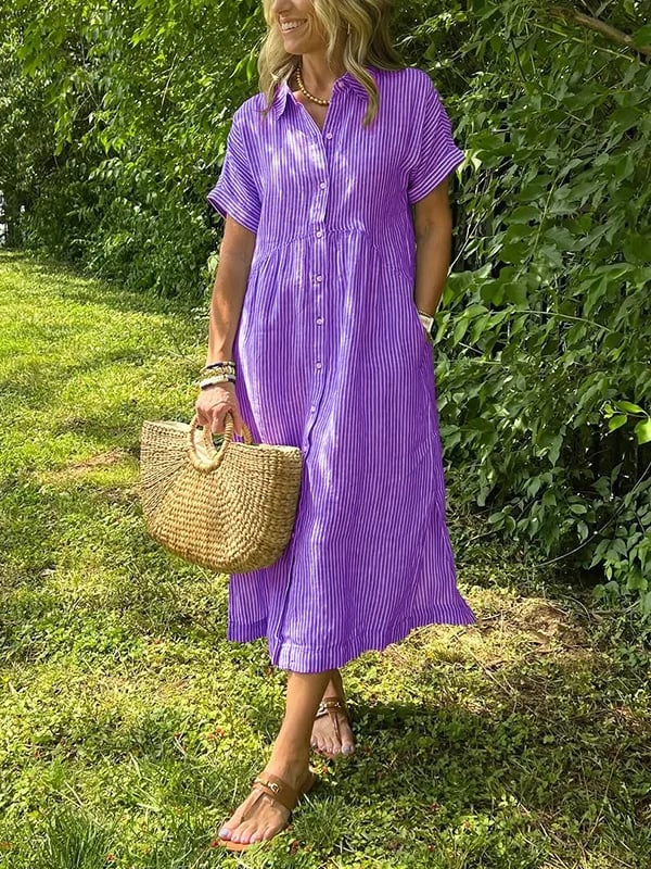 Women Striped Button Front Midi Shirt Dress Short Sleeve - Image 7