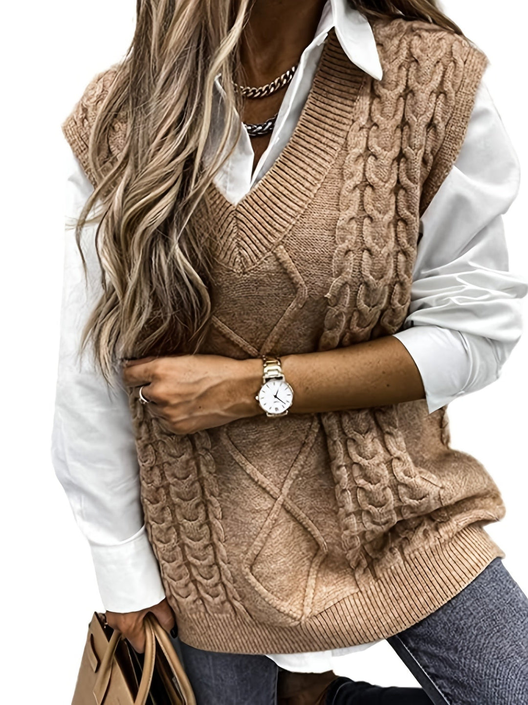 Colleen | Ärmelloser Zopfmuster-Pullover mit V-Ausschnitt - Image 36
