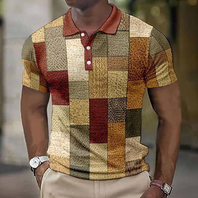 Herren Polohemd kariert Patchwork Kurzarm Sommer