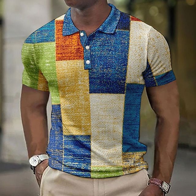 Herren Polohemd kariert Patchwork Kurzarm Sommer - Image 10