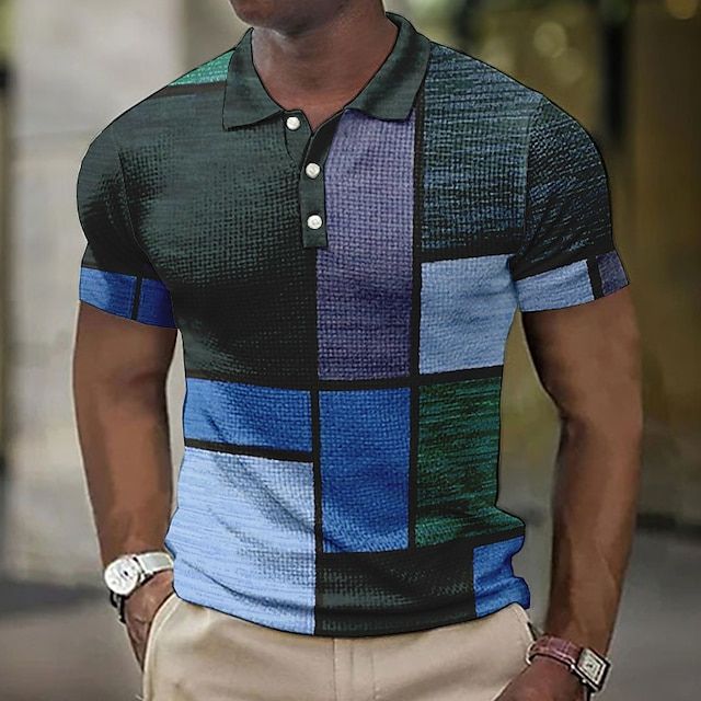 Herren Polohemd kariert Patchwork Kurzarm Sommer - Image 11