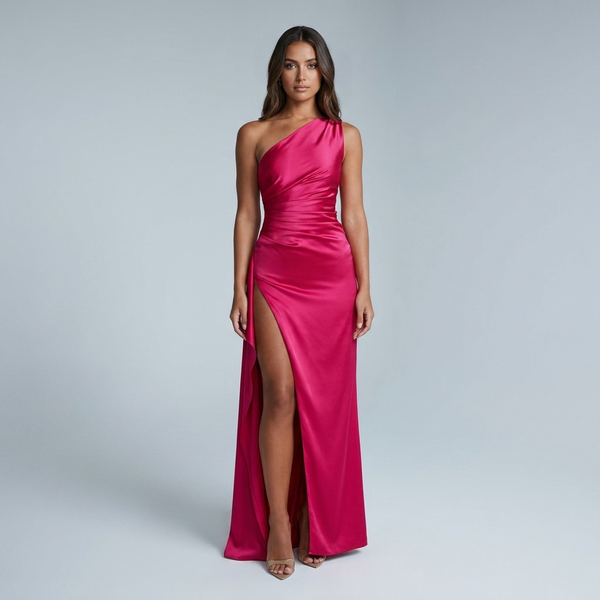 Damen Ein-Schulter-Abendkleid Maxikleid hohem Schlitz Drapiert
